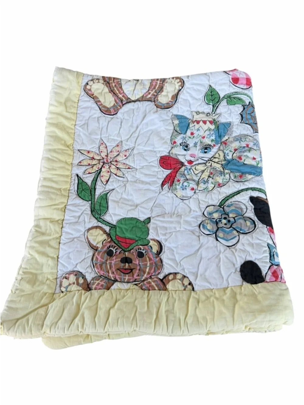 VTG Mid Century Animal Crib Blanket Puppy Kitty Bunny Flower Yellow Cutter 38x44
